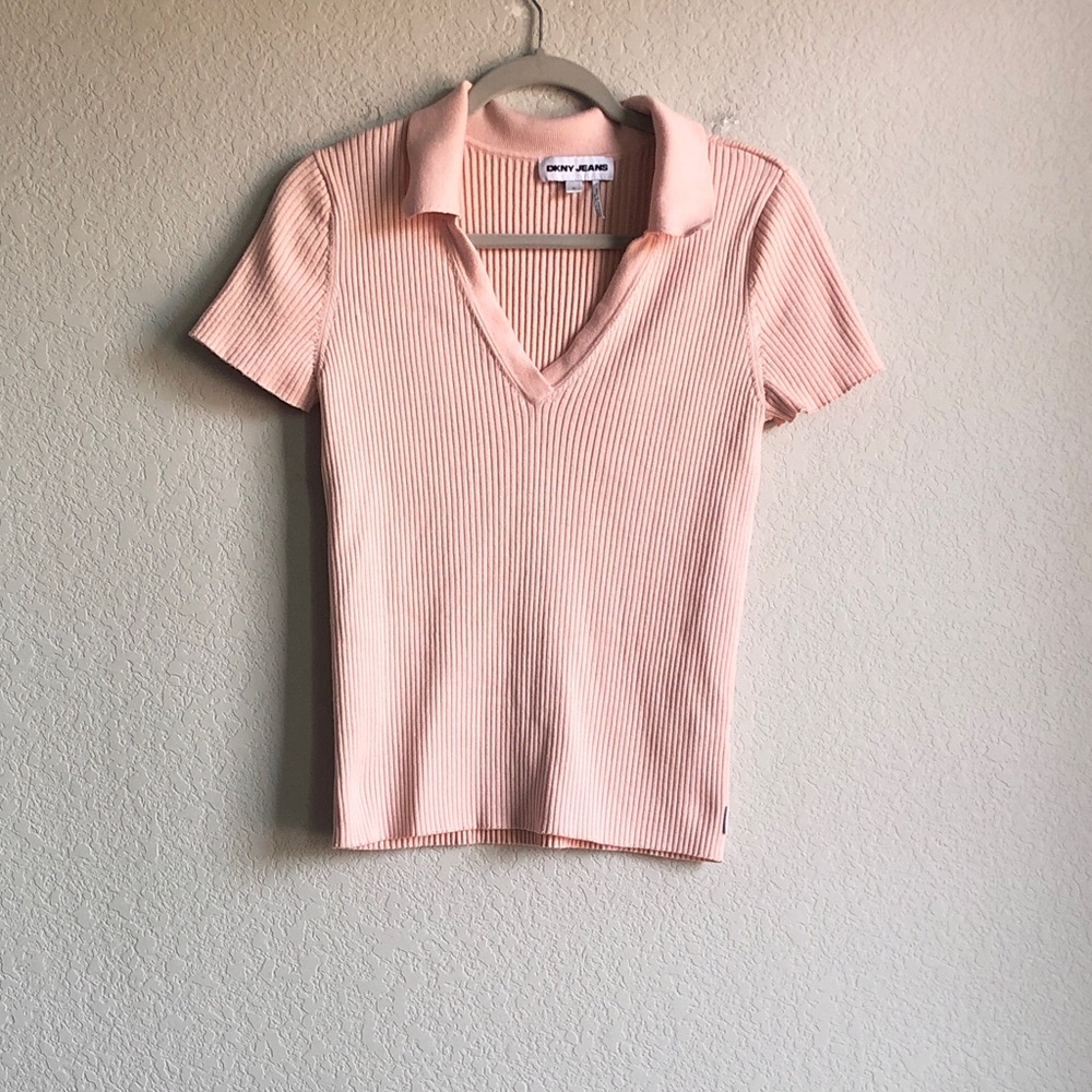 DKNY Jeans Ribbed Sweater Short Sleeve Polo Collared Top Pink XL Preppy
